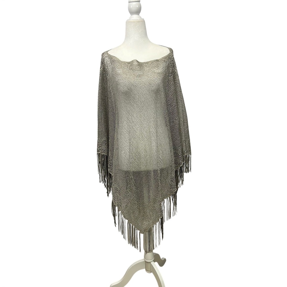 Boho Glam JL Studio Womens OS Silver Metallic Fringe Asymmetrical Knit Poncho